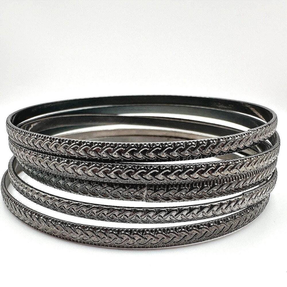 Vintage Y2K Textured Braided Gunmetal Bangle Set Boho Women's Classic Jewelry